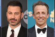 Profile photos of the late night comedy hosts Jimmy Fallon, Jimmy Jimmy Kimmel, Seth Meyers, and Stephen Colbert. 