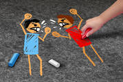 Chalk drawing of stick figures wearing blue and red shirts and arguing with each other(iStock/wildpixel)