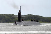 The Ohio-class ballistic-missile submarine USS Maryland (SSBN 738), Blue crew, returns to homeport at Naval Submarine Base Kings Bay, Ga., following a strategic deterrence patrol. Maryland is one of five ballistic-missile submarines stationed at the base and is capable of carrying up to 20 submarine-launched ballistic missiles with multiple warheads. (U.S. Navy photo by Mass Communication Specialist 1st Class Ashley Berumen/Released)