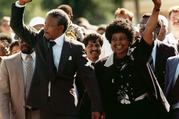 Nelson Mandela and Winnie Mandela walk together on Feb. 11, 1990, upon his release from prison in Cape Town. Anti-apartheid activist Winnie Madikizela-Mandela died on April 2 at the age of 81. (AP Photo)