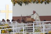 Pope Francis gives the homily while celebrating Mass in Los Samanes Park in Guayaquil, Ecuador, July 6 (CNS Photo / Paul Haring).
