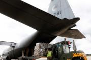 A transport aircraft at Eindhoven Airbase in Eindhoven, Netherlands, is loaded with relief supplies for victims of the humanitarian disaster in Iraq, Aug. 2014 (CNS photo/Bas Czerwinski, EPA).
