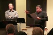 George Drance, S.J., left, as the Narrator and Richard Zavaglia as Stevens in a staged reading of "Mr. Blue."