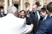 Fox News Channel host Bill O'Reilly, right, shakes hands with Pope Francis during the Wednesday general audience in St. Peter's Square at the Vatican, on April 19, 2017. Photo courtesy of Osservatore Romano/Handout via Reuters