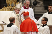  Pope Francis places a red biretta on new Cardinal Pedro Barreto of Huancayo, Peru, during a consistory to create 14 new cardinals in St. Peter's Basilica at the Vatican June 28. (CNS photo/Paul Haring)
