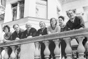 Soviet Premier Nikita Khrushchev, third from the left, poses with members of his family on the balcony of a house near Moscow in April 1963. Sergei Khrushchev is second from left.
