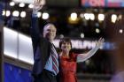 Democratic vice presidential candidate, Sen. Tim Kaine, D-Va., waves with his wife Anne Holton during the third day session of the Democratic National Convention in Philadelphia, Wednesday, July 27, 2016. (AP Photo/Matt Rourke)