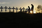 Isaac Hernandez and his wife Crystal visit a line of crosses before a vigil for the victims of the First Baptist Church shooting, Monday, Nov. 6, 2017, in Sutherland Springs, Texas. (AP Photo/David J. Phillip)