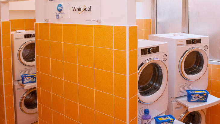 Six brand new washers and dryers donated by Whirlpool are featured at the Pope Francis Laundry facility in Rome, a new laundromat opened April 10 by the Papal Almoner's Office for the city's homeless. (CNS photo/courtesy of the Papal Almoner's Office)