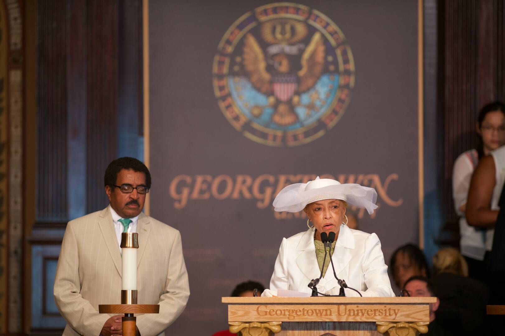 Onita Estes-Hicks, and her nephew, the Rev. Leroy Baker, descendants of the Butler family line, offer a reading from Isaiah during a "Liturgy of Remembrance, Contrition, and Hope" at Georgetown University in Washington, D.C., on April 17 [2017?]. (CNS photo/Georgetown University) 