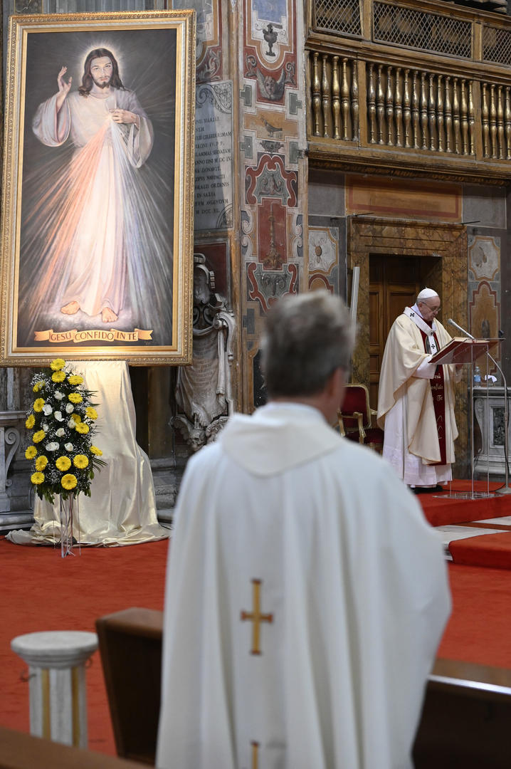 An image of Jesus of Divine Mercy is seen as Pope Francis celebrates Mass marking the feast of Divine Mercy at the Church of the Holy Spirit near the Vatican in Rome April 19, 2020. The church houses a sanctuary dedicated to Divine Mercy. (CNS photo/Vatican Media)