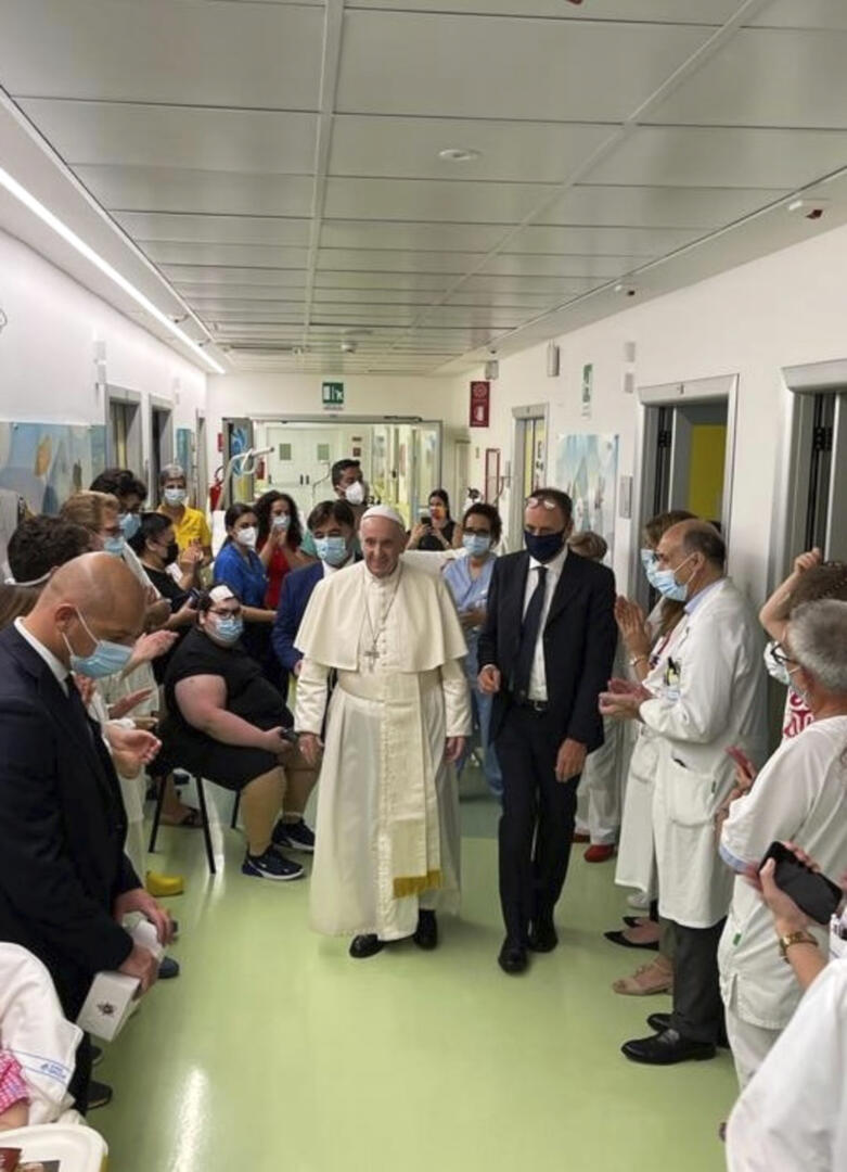 Pope Francis walks in the pediatric oncological ward of the Agostino Gemelli Polyclinic in Rome, Tuesday, July 13, 2021, where he visited young patients. Pope Francis is hospitalized in the same hospital following intestine surgery. 