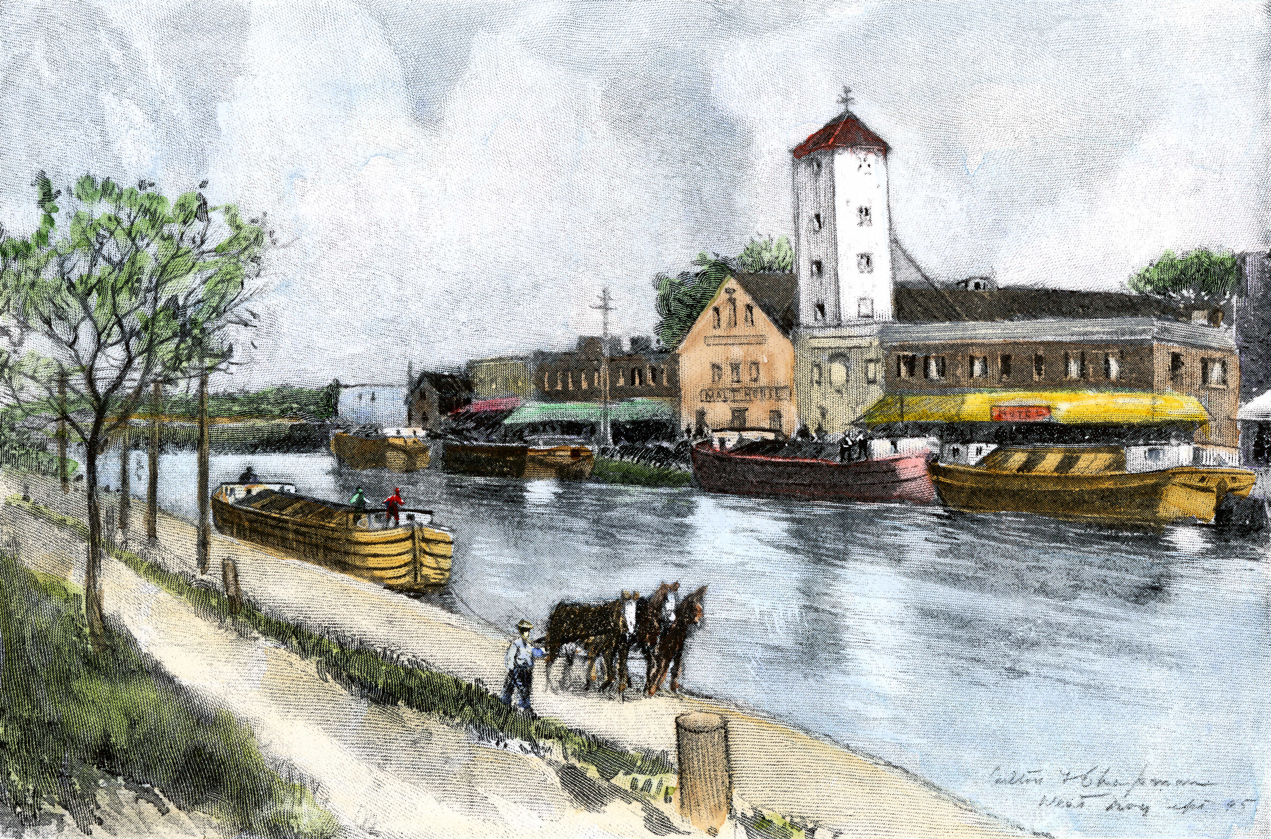 Barge on the Erie Canal at West Troy, New York, in the late 1800s. Hand-colored halftone reproduction of a 19th-century illustration. (North Wind Picture Archives via AP Images)
