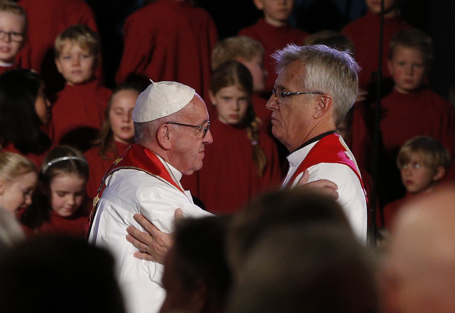 Pope Francis embraces the Rev. Martin Junge, general secretary of the Lutheran World Federation, during an ecumenical prayer service at the Lutheran cathedral in Lund, Sweden, Oct. 31. (CNS photo/Paul Haring)