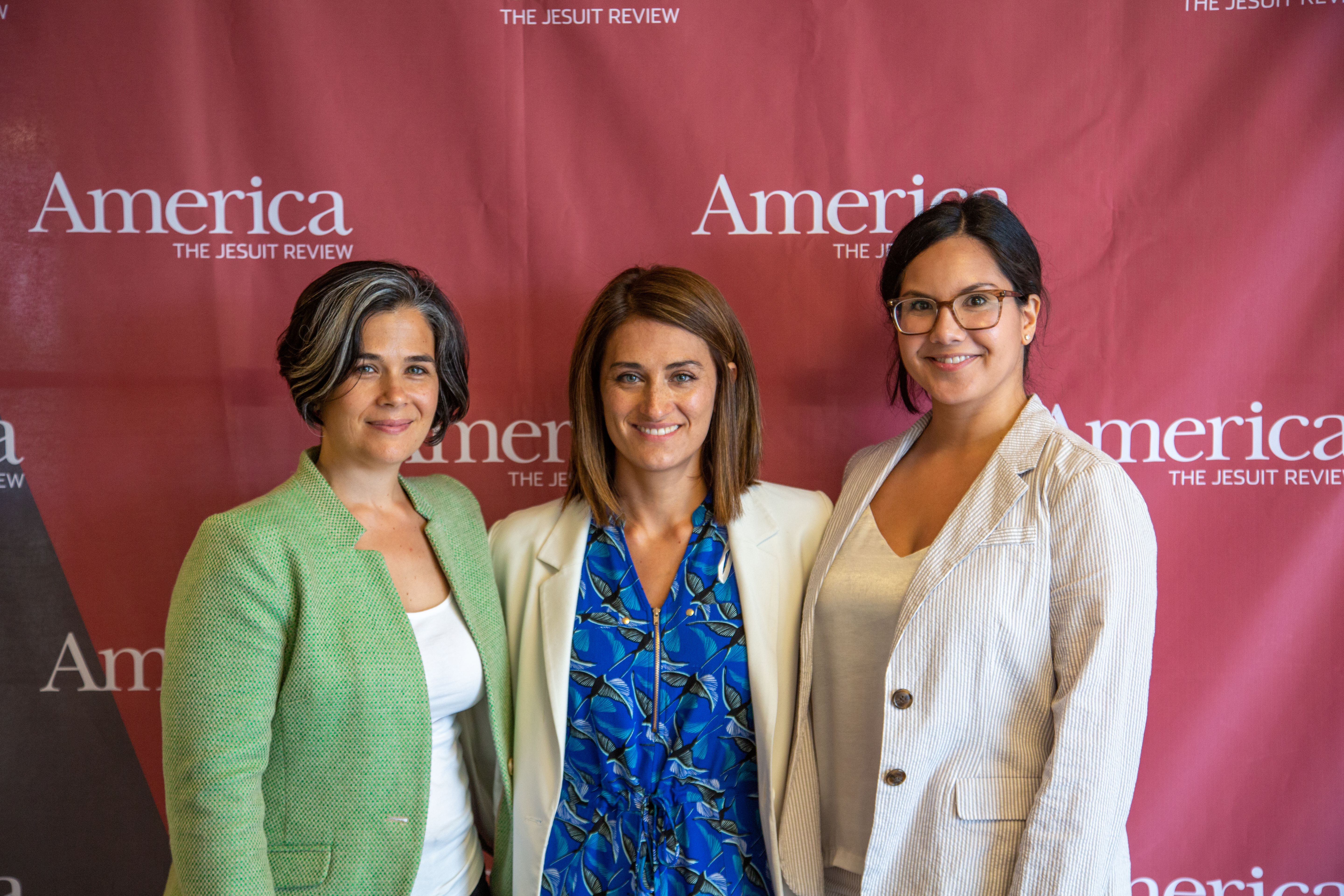 Valentina Morales, senior director of justice initiatives, The Fedcap Group, Michelle Mendez, director, Defending Vulnerable Populations Program, Catholic Legal Immigration Network, Inc. and Stephanie Macias-Arlington, executive director of the Joseph A. Unanue Latino Institute at Seton Hall University. (Mike Seay/America Media)