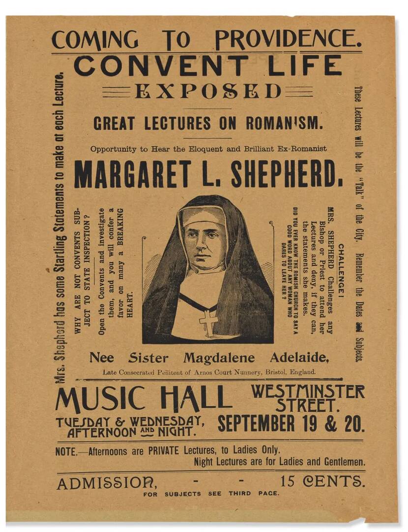 A brochure advertising a 19th-century lecture tour promoting anti-Catholic rhetoric (Auger Down Books)
