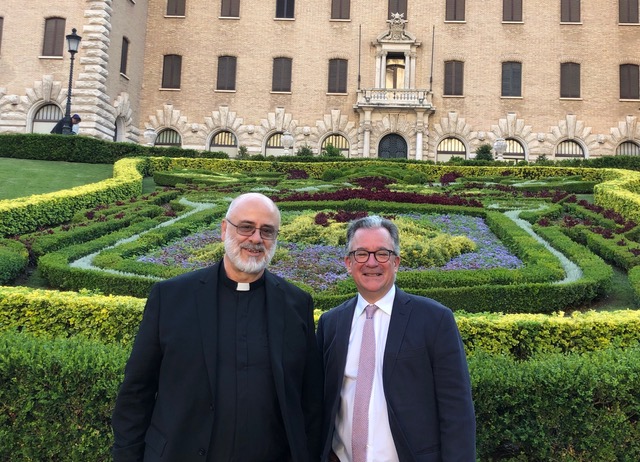 Father Diego Fares and Austen Ivereigh outside the Villa Malta