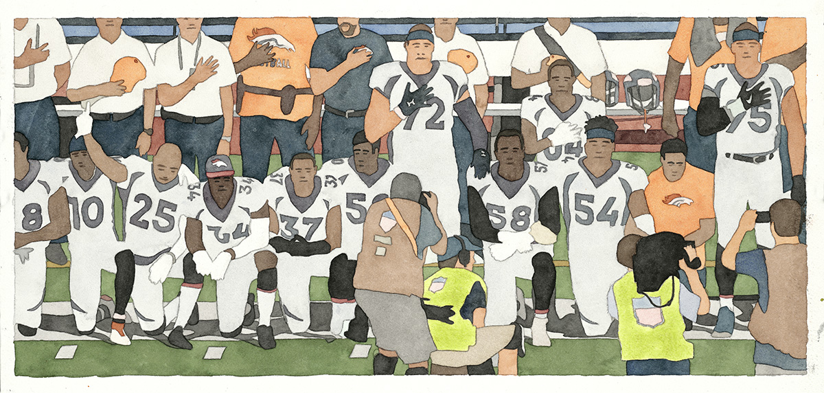 Kota Ezawa (1969-), National Anthem (Denver Broncos), 2018. Watercolor on paper, 9 x 19 in. (22.9 x 48.3 cm). Image courtesy the artist and Haines Gallery, San Francisco