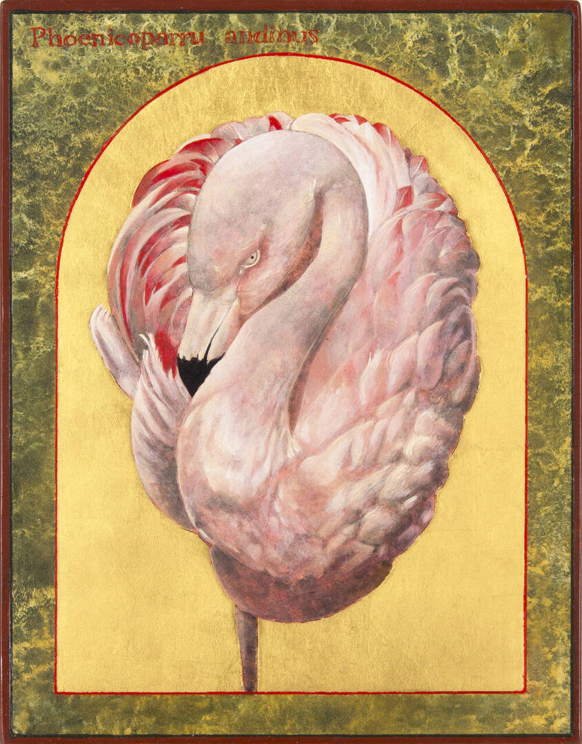 Andean Flamingo | Egg Tempera & Gold Leaf on Wood (Credit: Angela Manno)