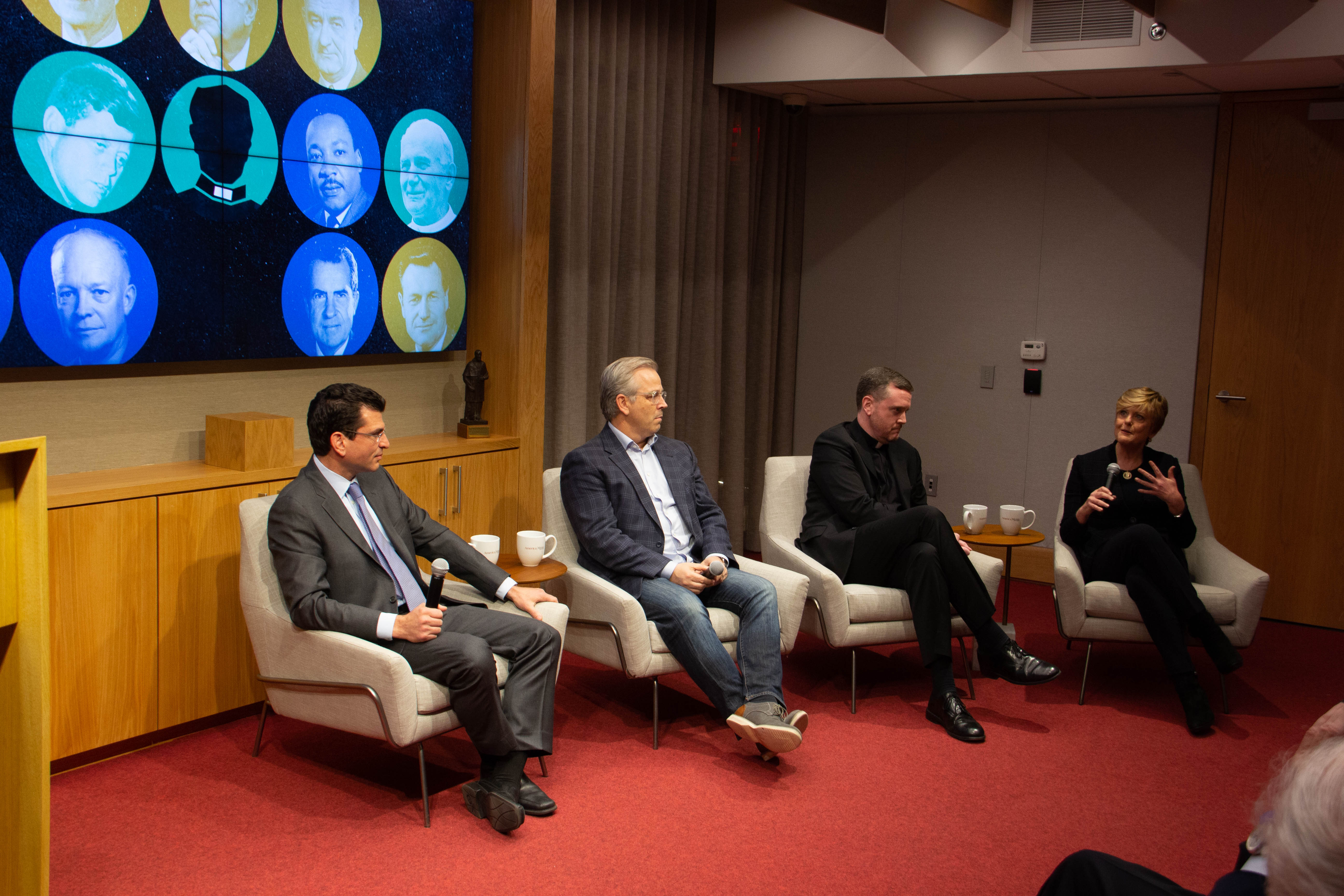 Jason Grumet, Patrick Creadon, Matt Malone, S.J., and Anne Thompson at the screening of “Hesburgh” at America Media’s headquarters in New York