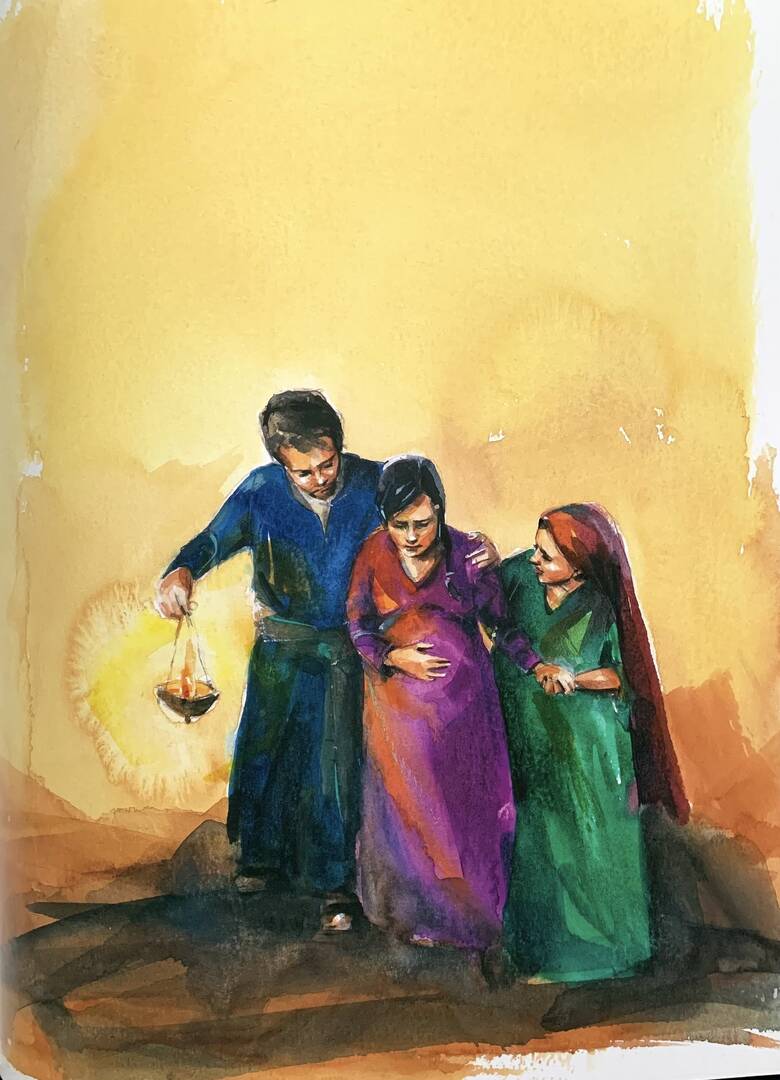Mary paces around the stable in labor, supported by Joseph and Susannah. Illustration by Karin Littlewood. Image supplied.
