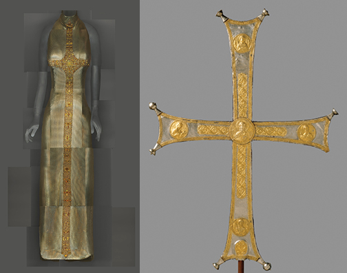 Evening Dress, Gianni Versace, autumn/winter 1997–98; Processional Cross, Byzantine, ca. 1000-1050 