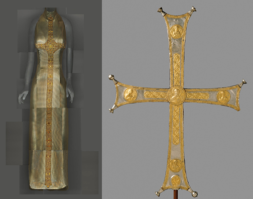Evening Dress, Gianni Versace, autumn/winter 1997–98; Processional Cross, Byzantine, ca. 1000-1050