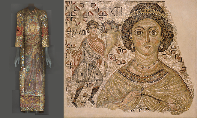 Ensemble, Domenico Dolce and Stefano Gabbana for Dolce & Gabbana, autumn/winter 2013–14; Fragment of a Floor Mosaic with a Personification of Ktisis, Byzantine, 500-550
