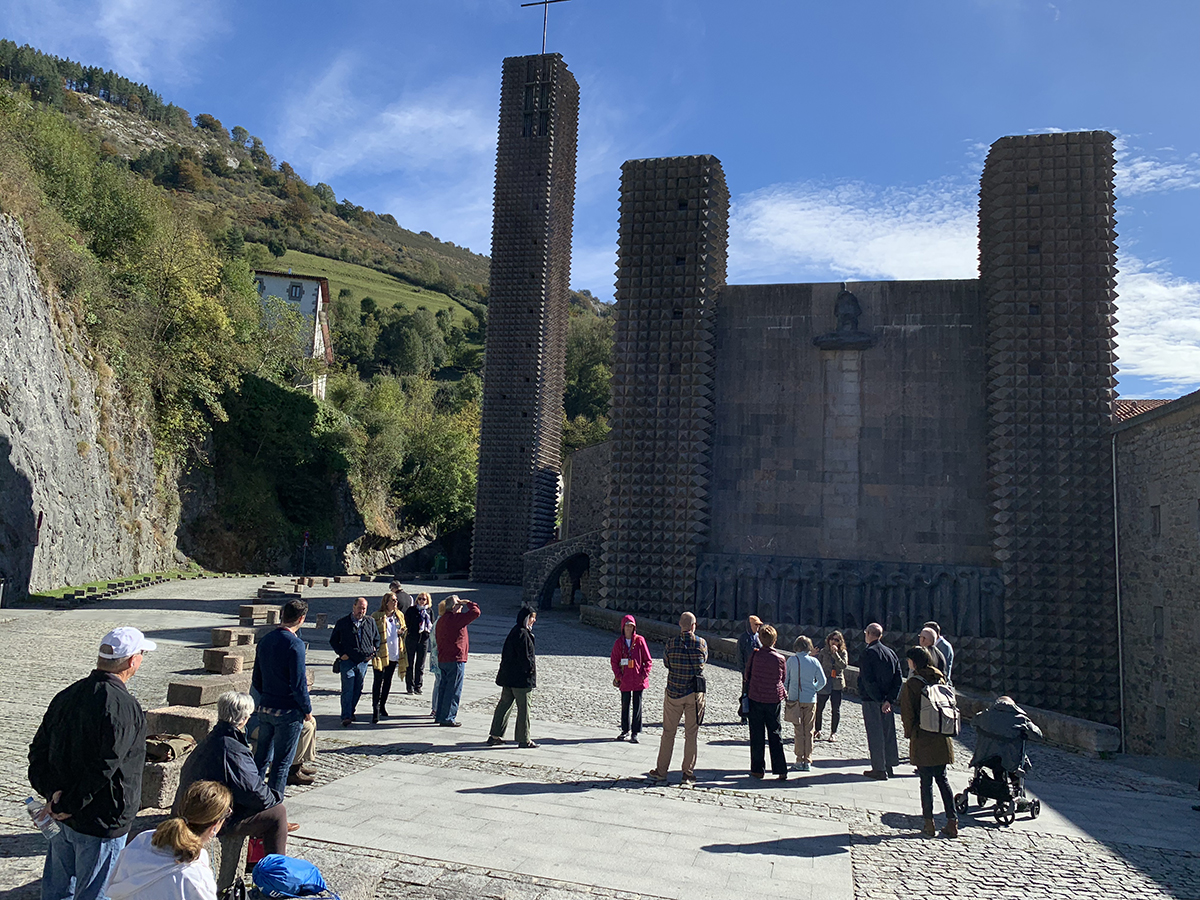 Pilgrims gather outside the shrine in Arantzazu. Fires destroyed three previous churches. The current church features art and designs from famous mid-twentieth century Basque artists