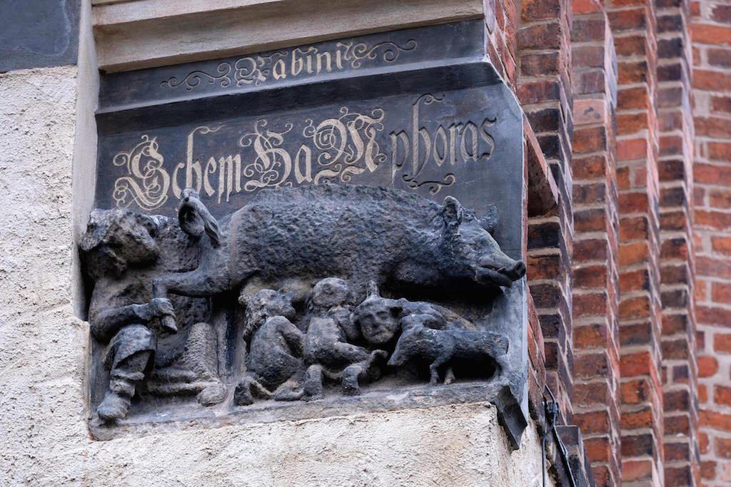 St. Mary’s in Wittenberg, a church where Martin Luther preached regularly, contains a 14th-century sculpture of the Judensau, or Jew-pig, on its facade. (Photo: Alamy)