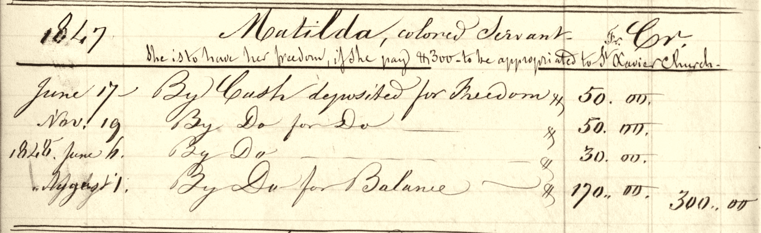 This page from the Missouri Mission treasury ledger shows payments Matilda Tyler made to purchase her freedom from Saint Louis University. Image courtesy of Jesuit Archives & Research Center and found at the SHMR website www.jesuits.org/shmr