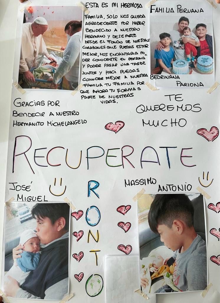 The family of a child that Pope Francis baptized during his March stay in Gemelli Hospital sent the pope a poster of good wishes for a speedy recovery (Vatican Media)