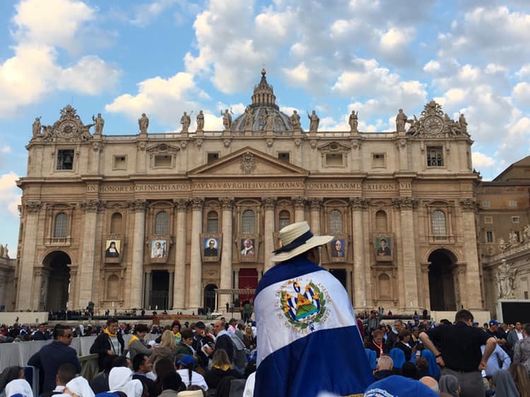 In St. Peter's Square in Vatican City on Oct. 14, 2018, a pilgrim from El Salvador awaits the canonization Mass of St. Óscar Romero, along with six other new saints of the Catholic church. (Photo by author).