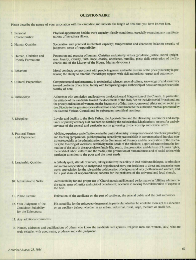 1984 questionnaire on bishops