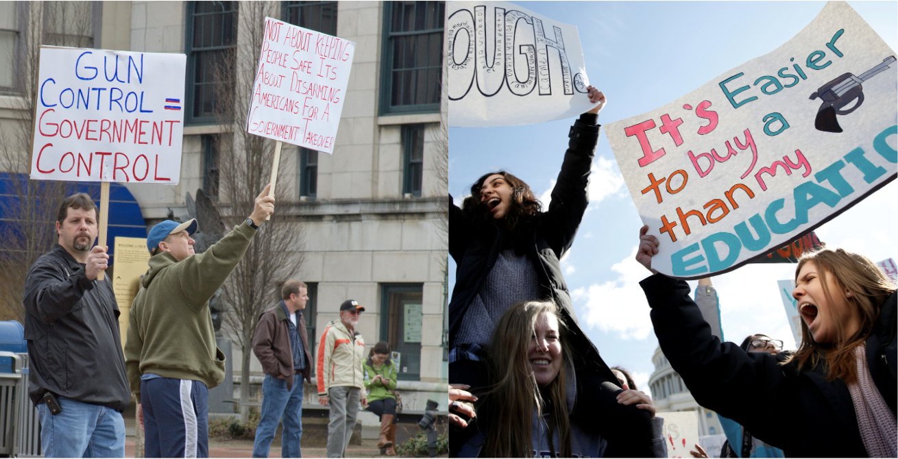 two images of people protesting, at left, men hold signs in support of guns, at right, girls are holding signs protesting guns
