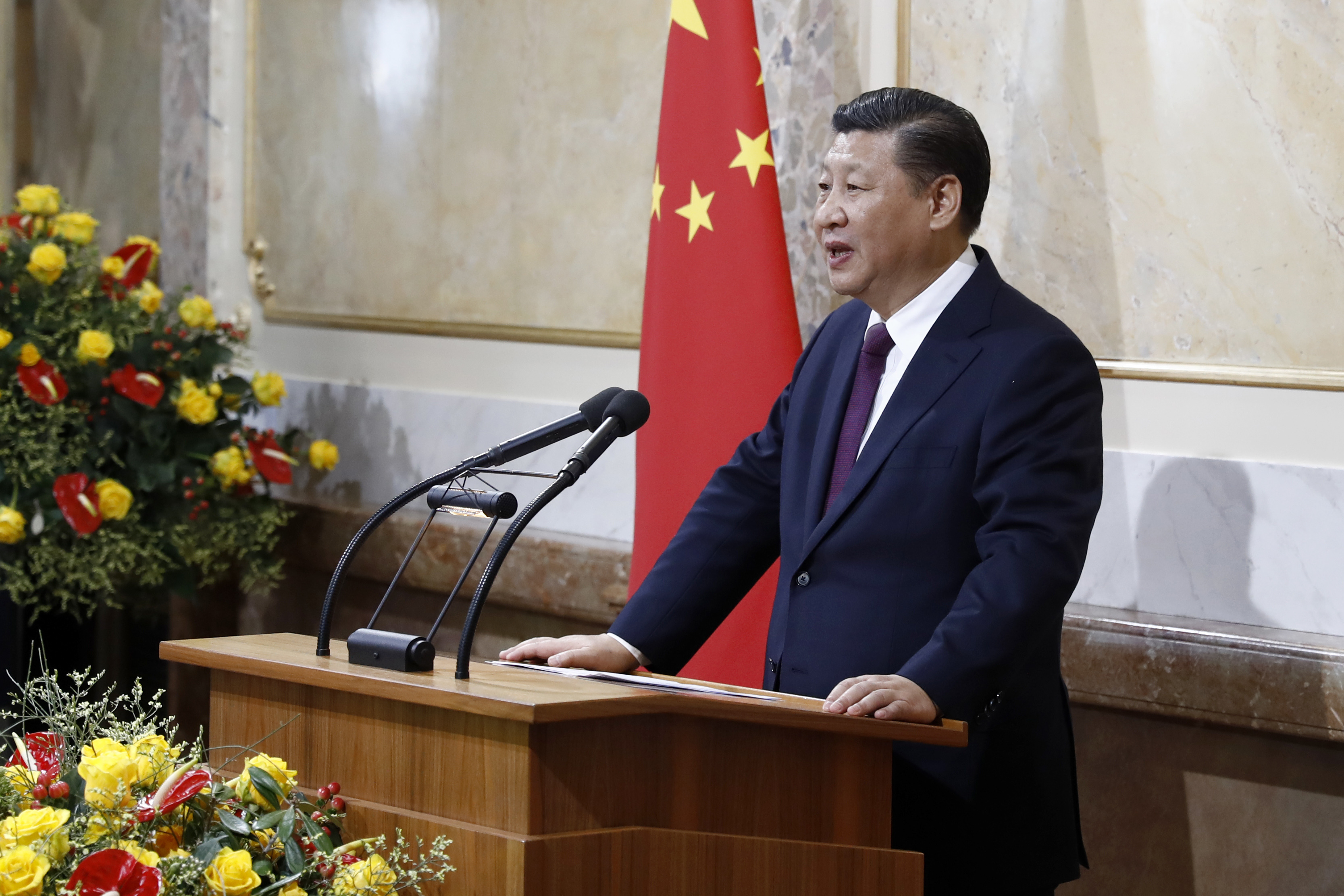 China's President Xi Jinping speaks in the house of parliament during his two days state visit to Switzerland, in Bern, Switzerland, on Sunday, Jan. 15, 2017. (Peter Klaunzer/Pool Photo via AP)