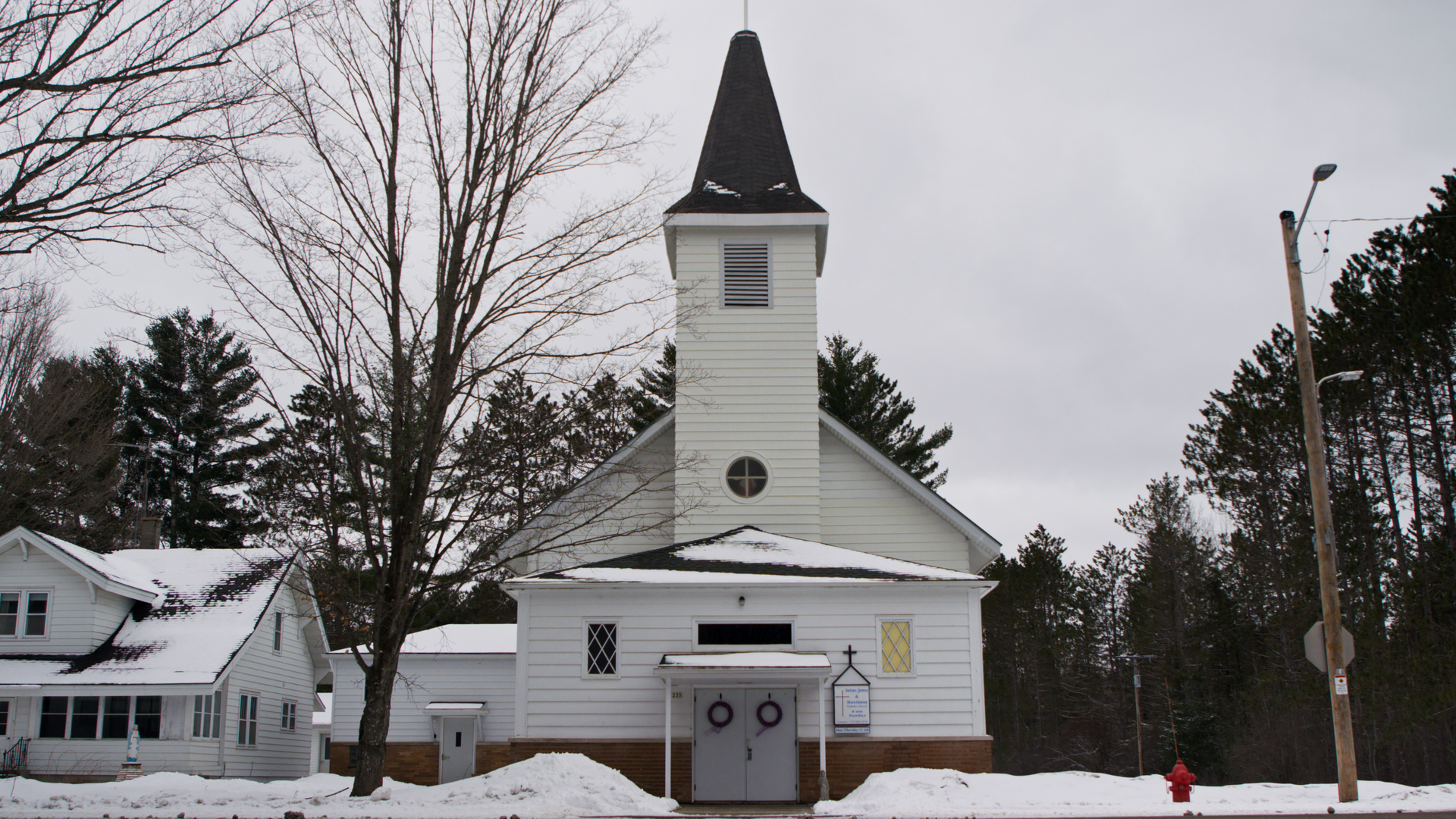 Ss James and Stanislaus Catholic Church in the snow, White Lake, Wis.