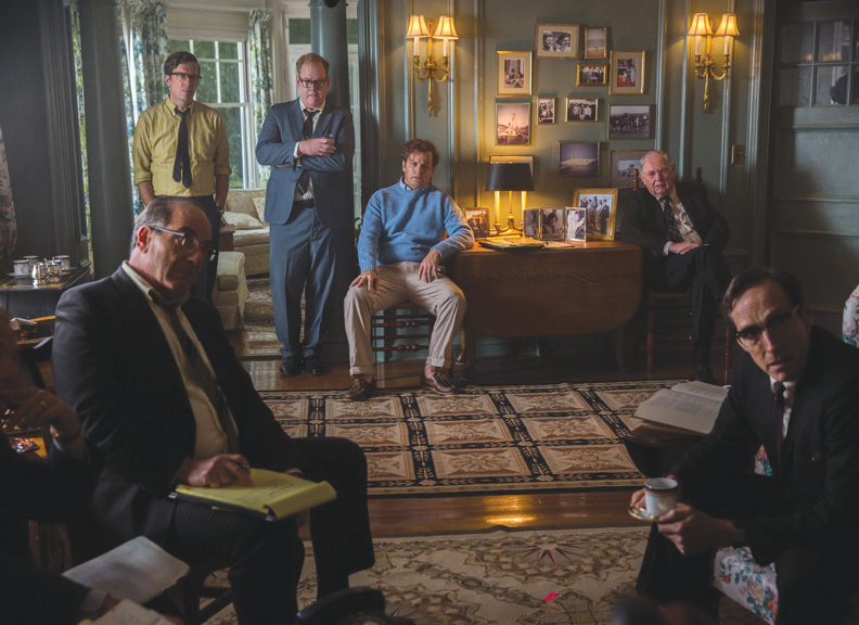 im Gaffigan, standing center left, plays U.S. attorney Paul Markham in “Chappaquiddick.” Jason Clarke, sitting center, plays Ted Kennedy.