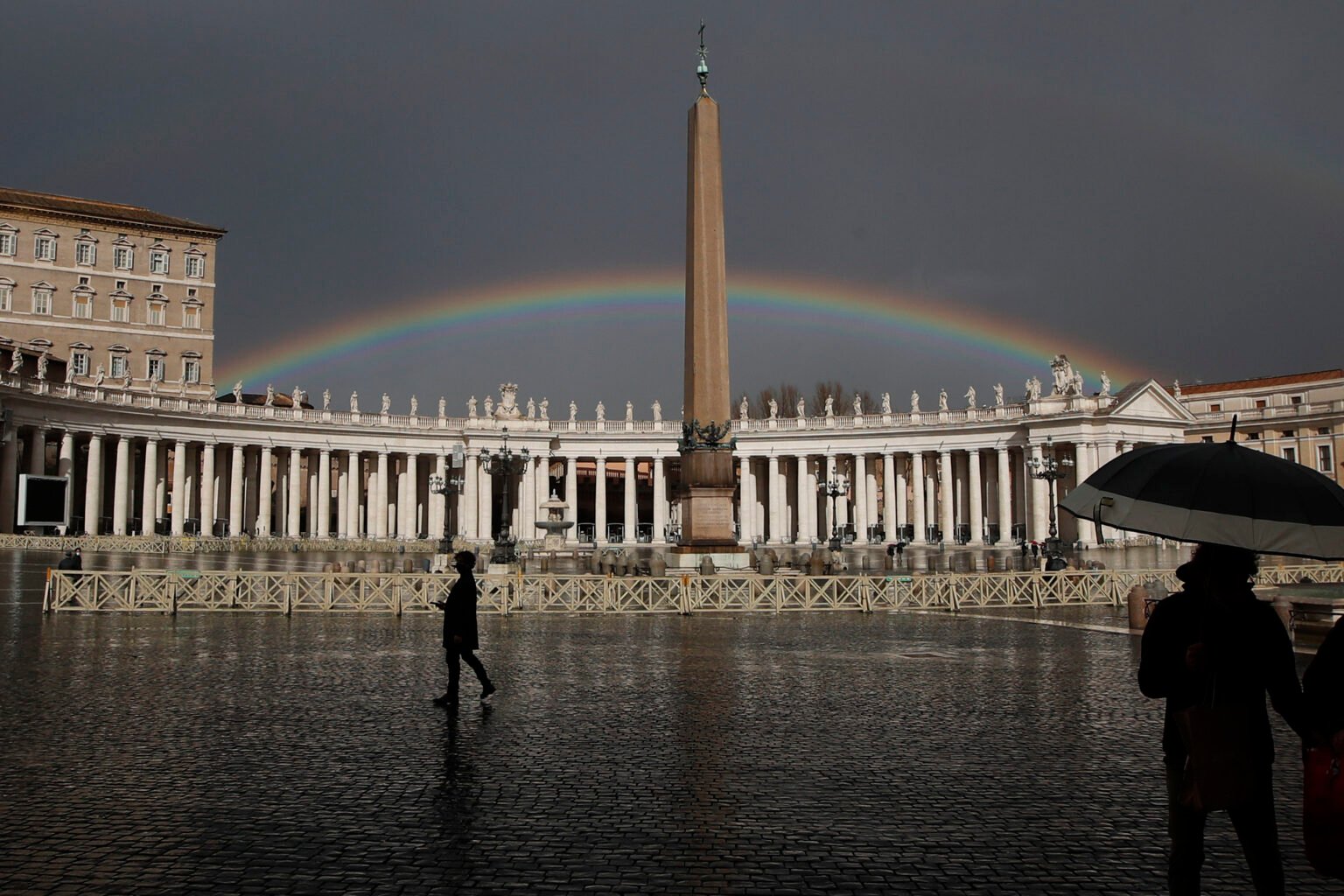 A rainbow shines over St. Peter’s Square at the Vatican, on Jan. 31, 2021. (AP Photo/Alessandra Tarantino, File)