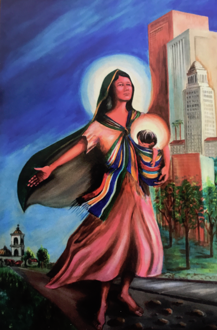 Image of Mary, carrying baby Jesus, walking on a road from Mexico to Los Angeles (Photo provided by Joseph Tomás McKellar)