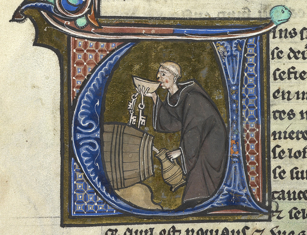 monk drinking on a 13th century manuscript