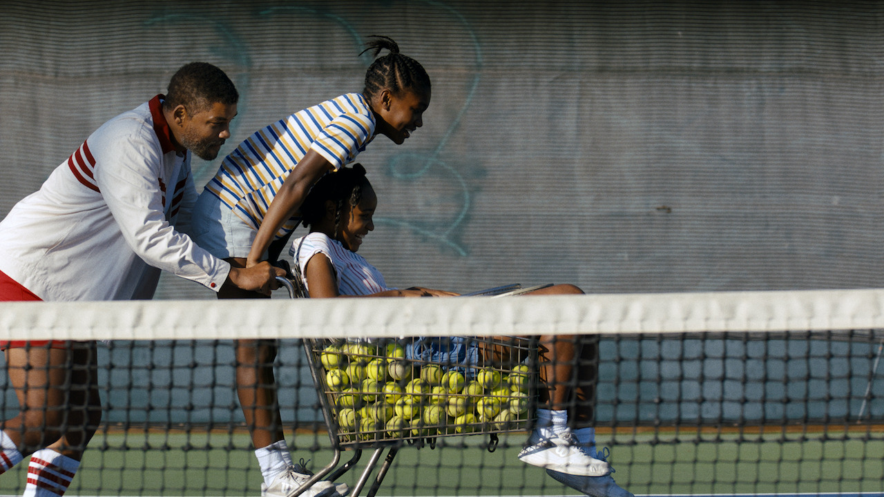 From left, Will Smith as Richard Williams, Demi Singleton as Serena Williams and Saniyya Sidney as Venus Williams in “King Richard.”