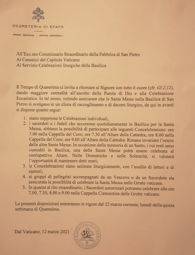 Instruction released Secretariat of State regarding the celebration of Mass in St. Peter’s Basilica