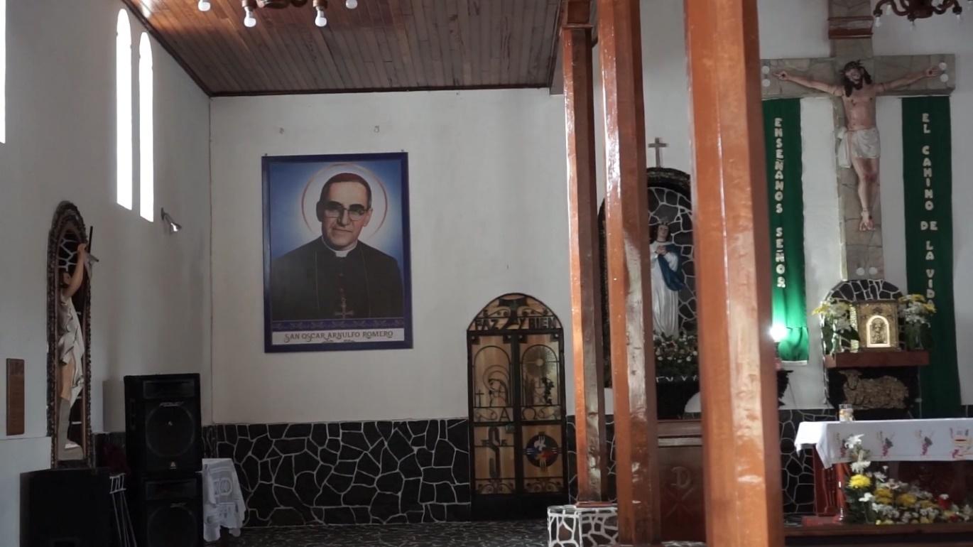 A frame of St. Óscar Romero hung in St. Ignace Church, San Ignacio, El Salvador. (Photo credit: Melissa Vida)