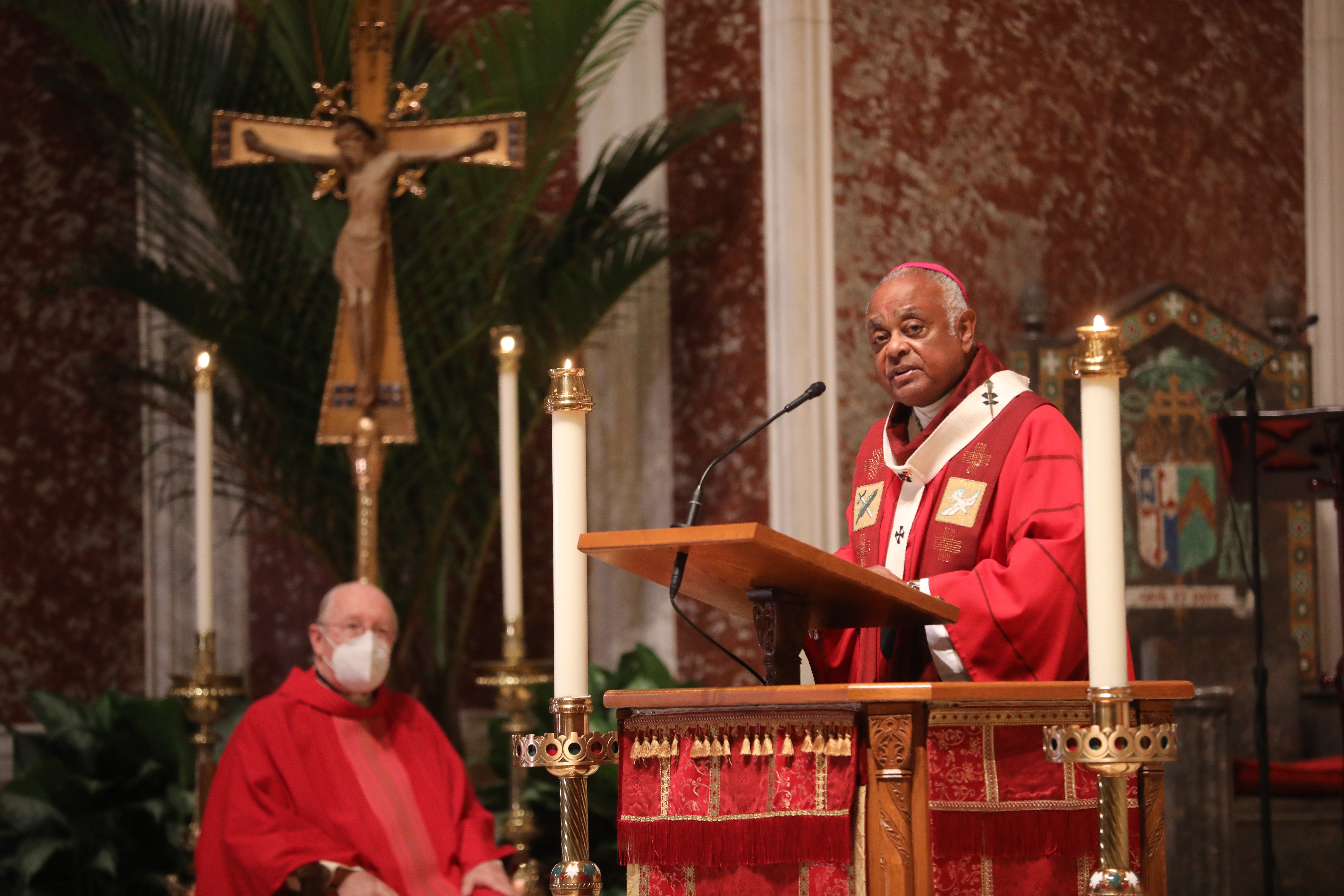 Cardinal Wilton Gregory, Archbishop of Washington, speaks to reporters  after Ash Wednesday mass whichmarks the beginning of Lent at Saint Matthew  the Apostle Cathedral in Washington, Wednesday, March, 2, 2022. ( AP