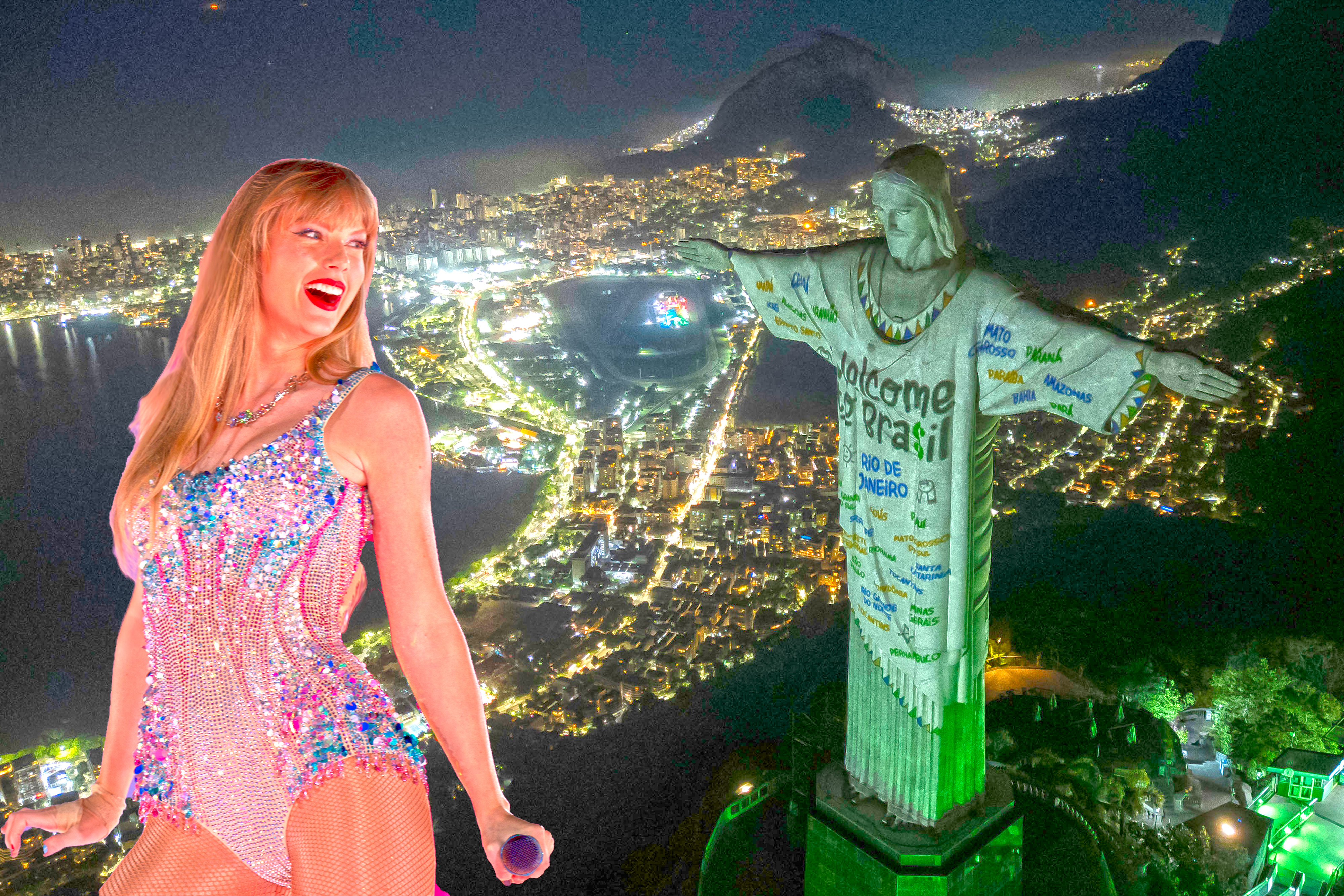 Taylor Swift T-shirt projected onto Brazil's Christ the Redeemer