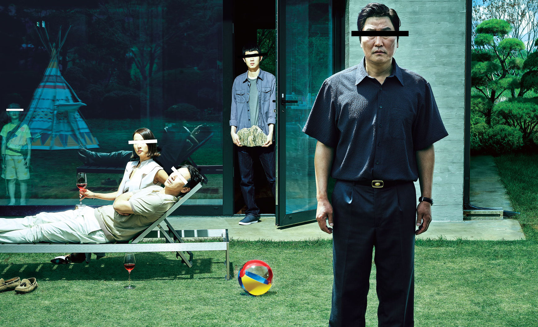 A promotion image for "Parasite", with five different characters looking at the viewer with their faces censored.