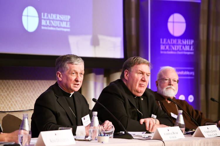 From left to right, Cardinal Blase Cupich, Cardinal Joseph Tobin and Cardinal Sean O'Malley speaking about sexual abuse at a Feb. 2-3 meeting in Washington, D.C. (Courtesy: Leadership Roundtable)