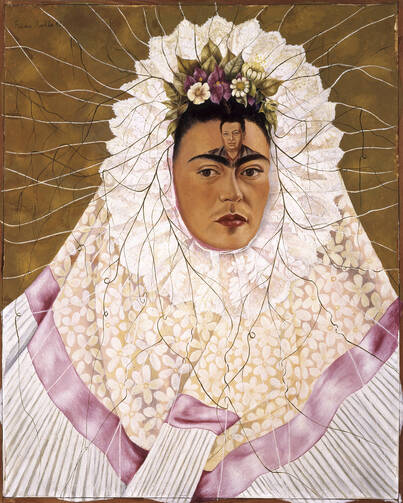 Frida Kahlo (Mexican, 1907–1954). Self-Portrait as a Tehuana, 1943. Oil on hardboard, 30 x 24 in. (76 x 61 cm). The Jacques and Natasha Gelman Collection of 20th Century Mexican Art and the Vergel Foundation. © 2019 Banco de México Diego Rivera Frida Kahlo Museums Trust, Mexico, D.F. / Artists Rights Society (ARS), New York 