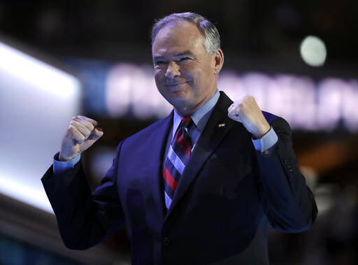 Democratic vice presidential candidate, Sen. Tim Kaine, D-Va., takes the stage during the third day session of the Democratic National Convention in Philadelphia. (AP Photo/Matt Rourke)